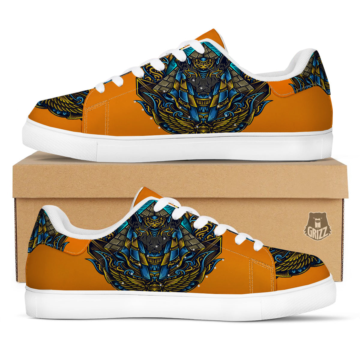 Anubis Engraving Ornament Print White Low Top Sneakers-grizzshop