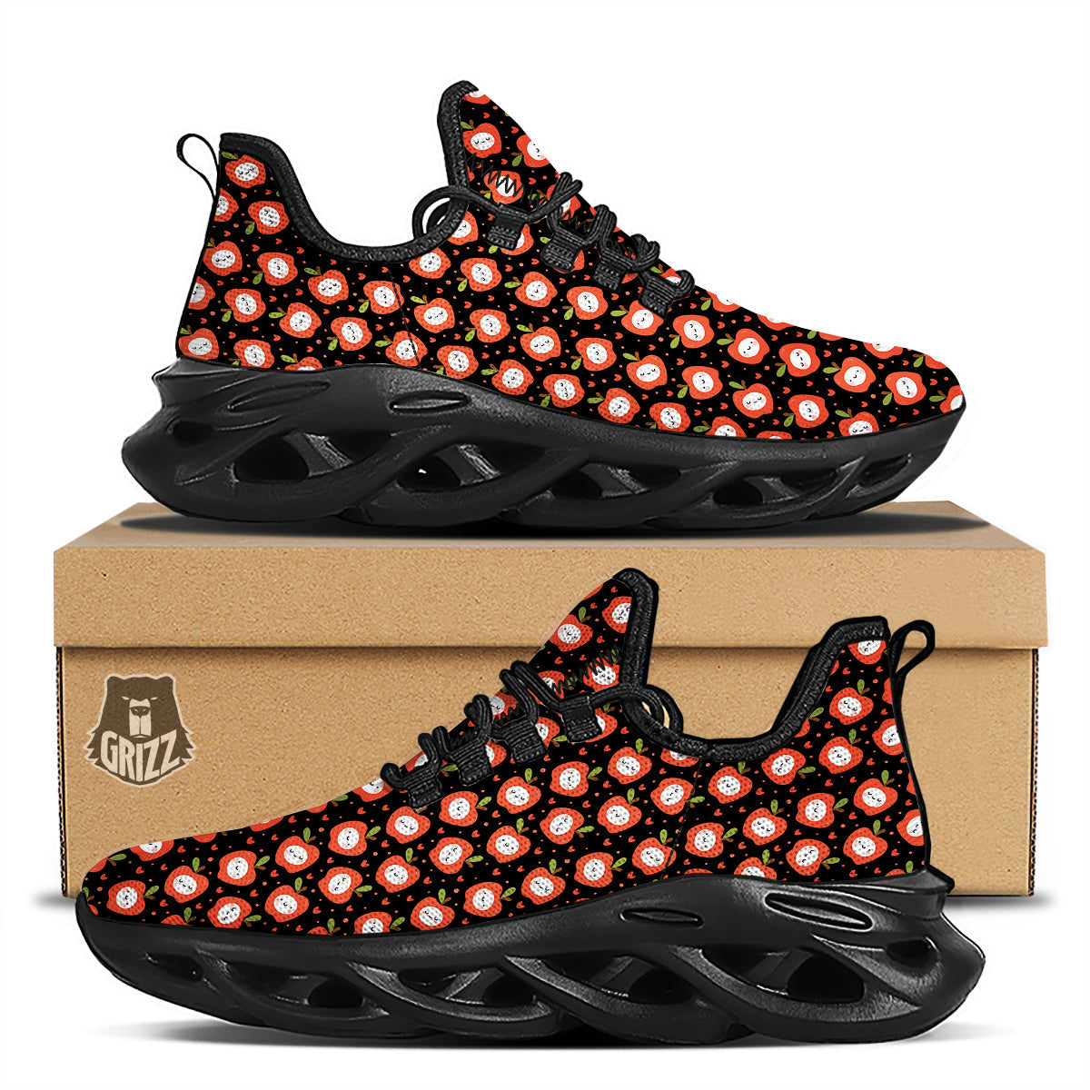 Apple Cute Print Pattern Black Running Shoes-grizzshop