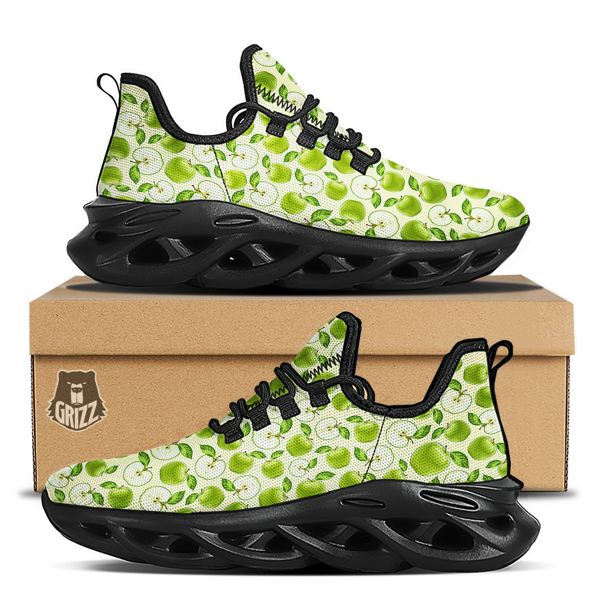 Apple Print Pattern Black Running Shoes-grizzshop