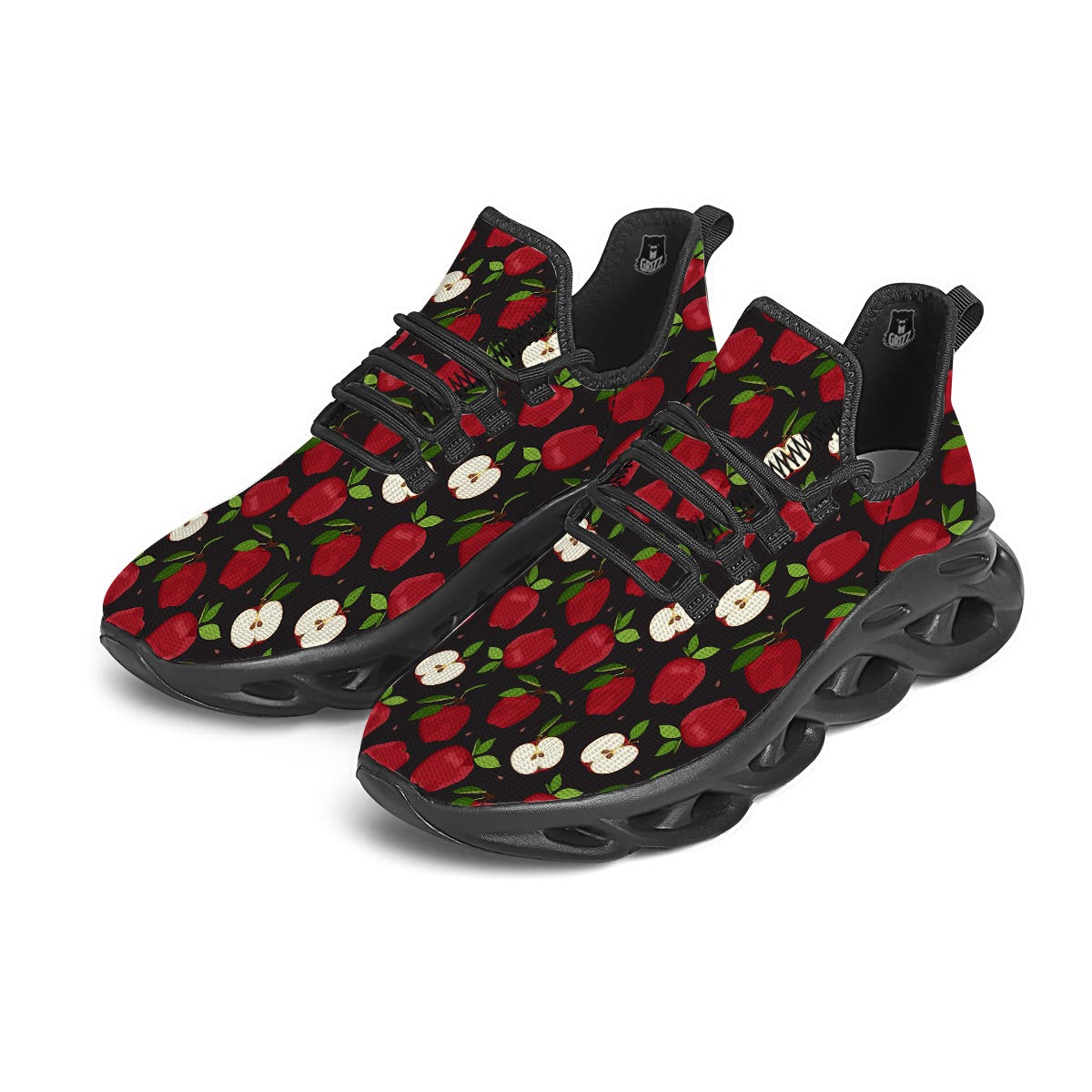Apple Red Print Pattern Black Running Shoes-grizzshop