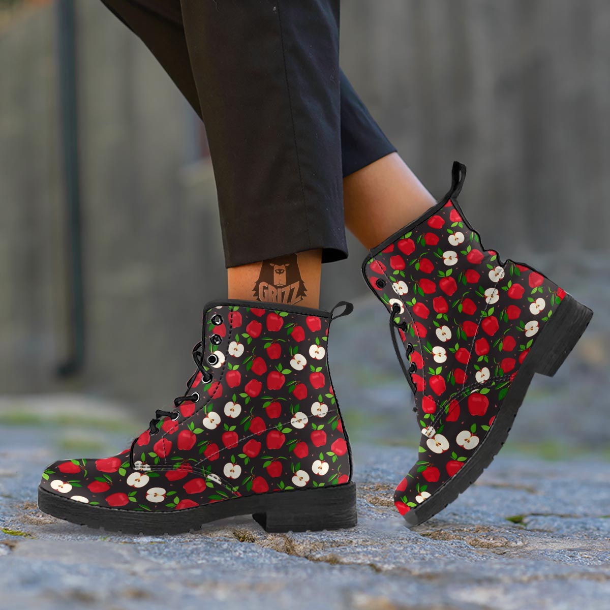 Apple Red Print Pattern Leather Boots-grizzshop
