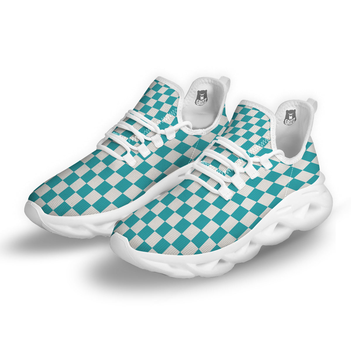 Aqua Checkered Flag Print White Running Shoes-grizzshop