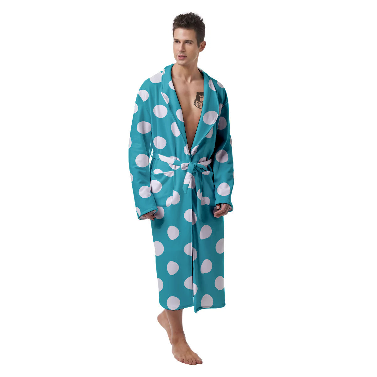 Aqua Color Polka Dot Print Pattern Men's Robe-grizzshop