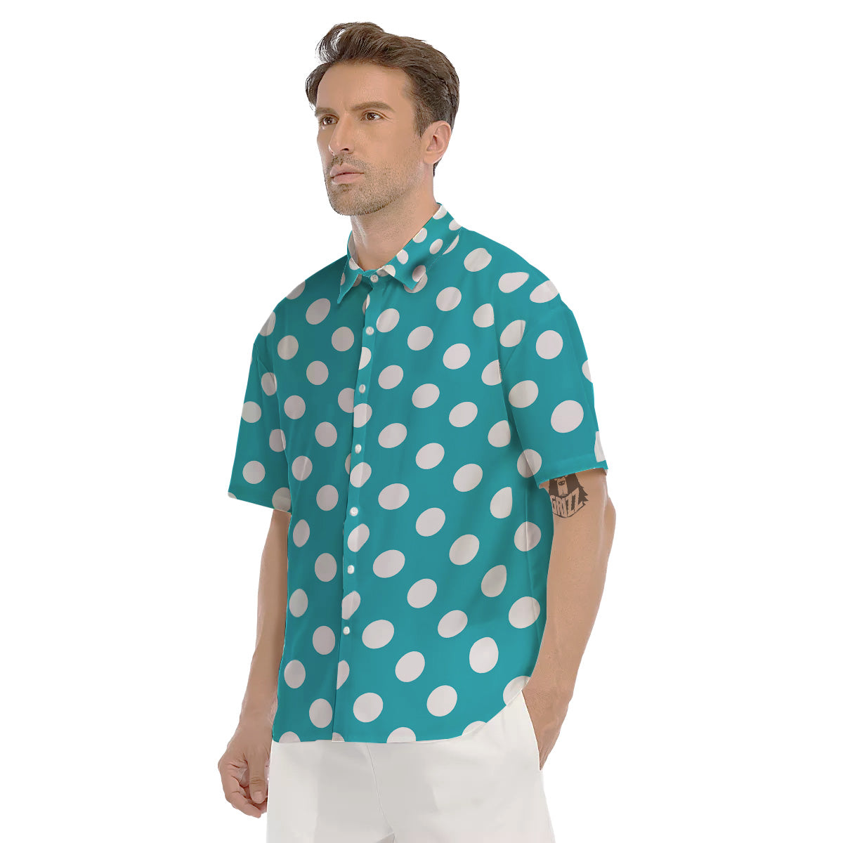 Aqua Color Polka Dot Print Pattern Men's Short Sleeve Shirts-grizzshop