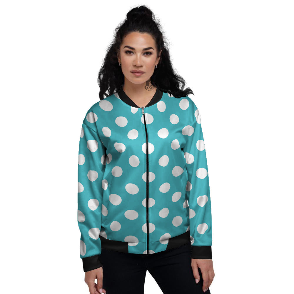 Aqua Color Polka Dot Print Pattern Women's Bomber Jacket-grizzshop