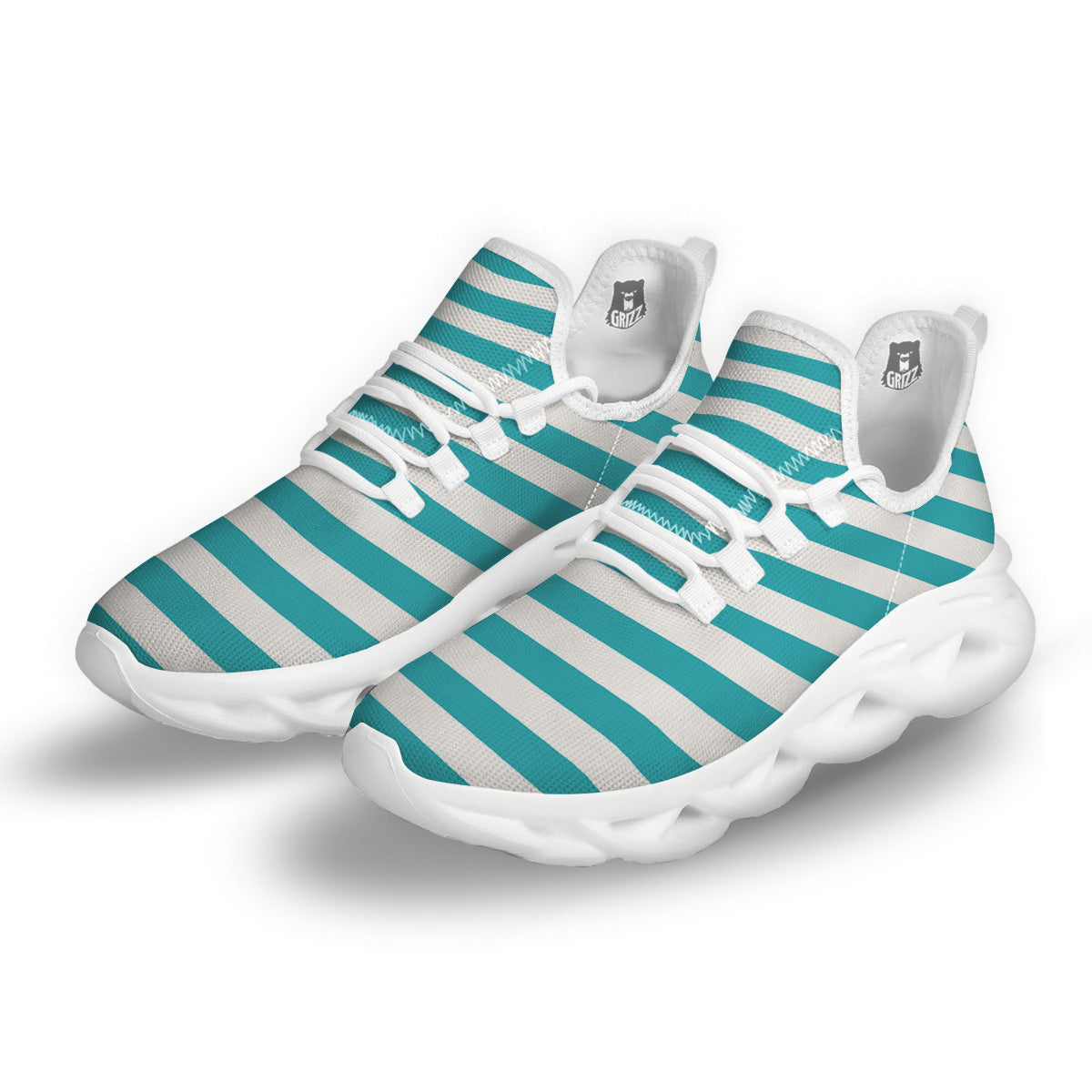 Aqua Color Striped Print White Running Shoes-grizzshop