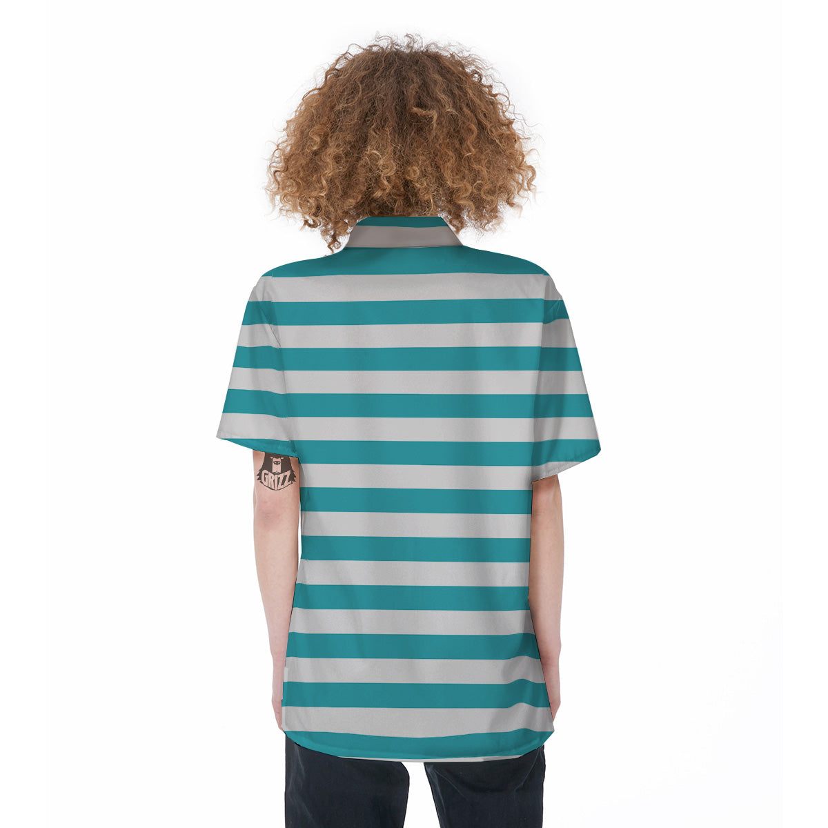 Aqua Color Striped Print Women's Short Sleeve Shirts-grizzshop
