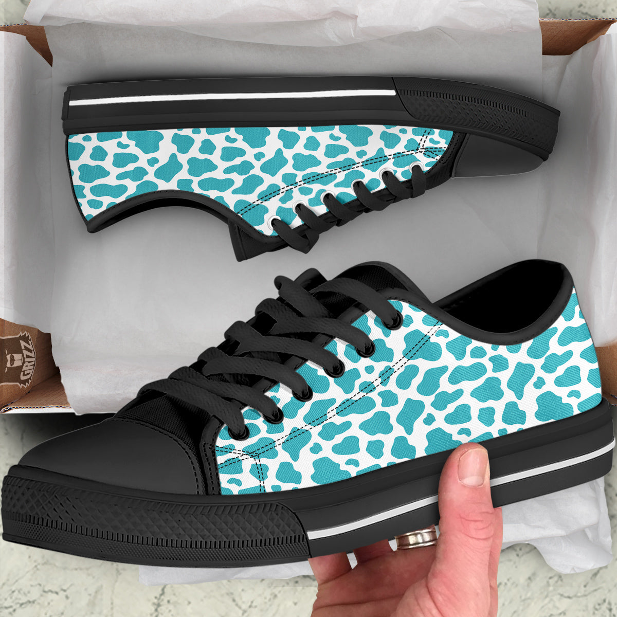Aqua Cow Print Pattern Black Low Top Shoes-grizzshop