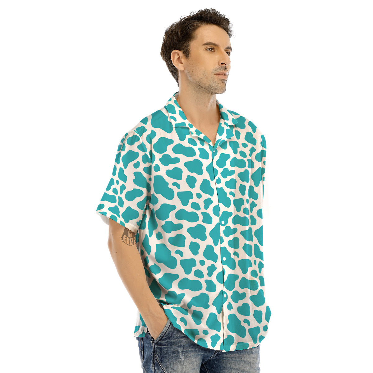 Aqua Cow Print Pattern Men’s Hawaiian Shirt-grizzshop