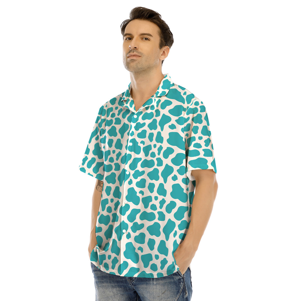 Aqua Cow Print Pattern Men’s Hawaiian Shirt-grizzshop