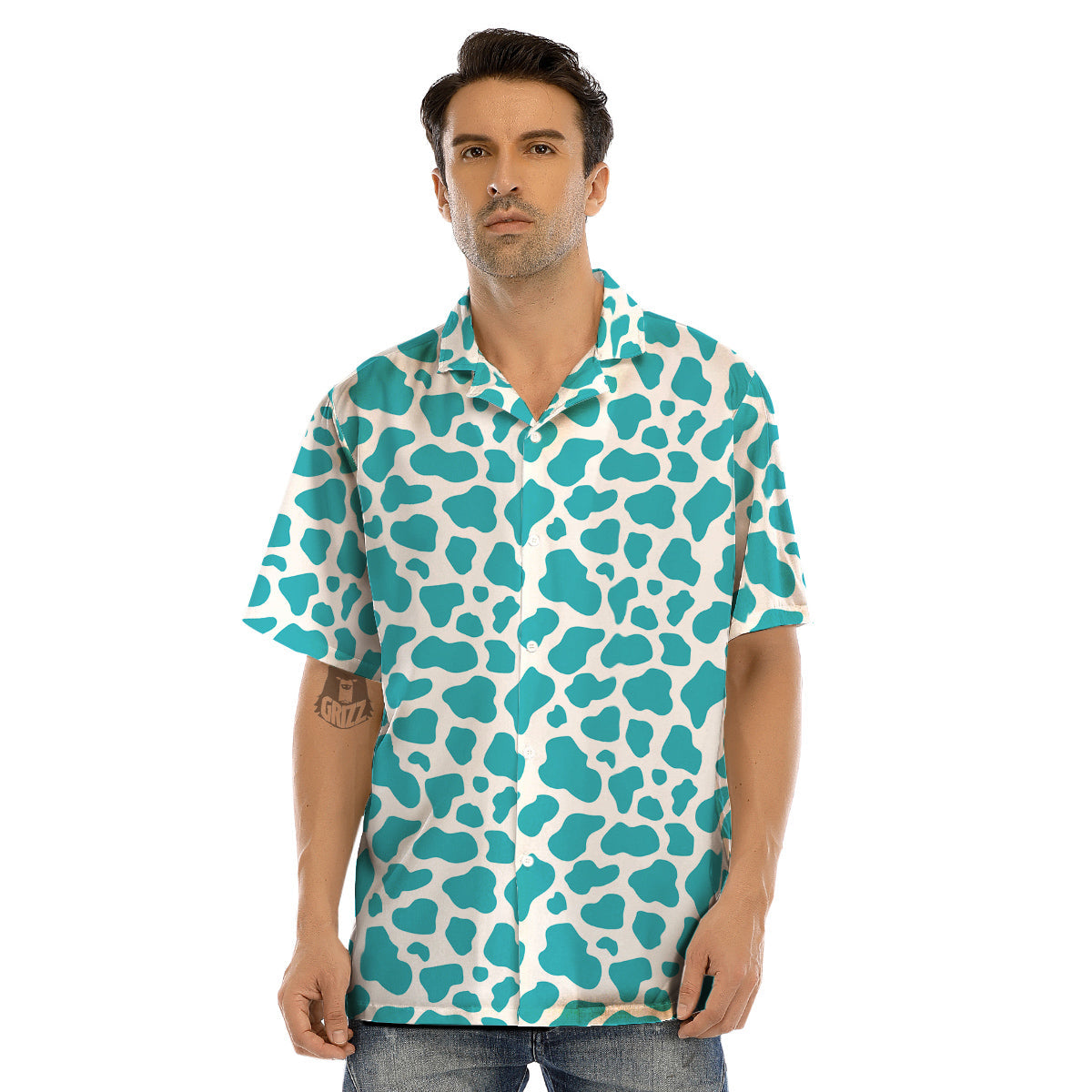 Aqua Cow Print Pattern Men’s Hawaiian Shirt-grizzshop