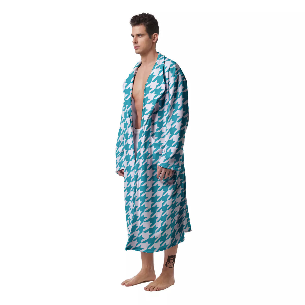 Aqua Houndstooth Print Men's Robe-grizzshop