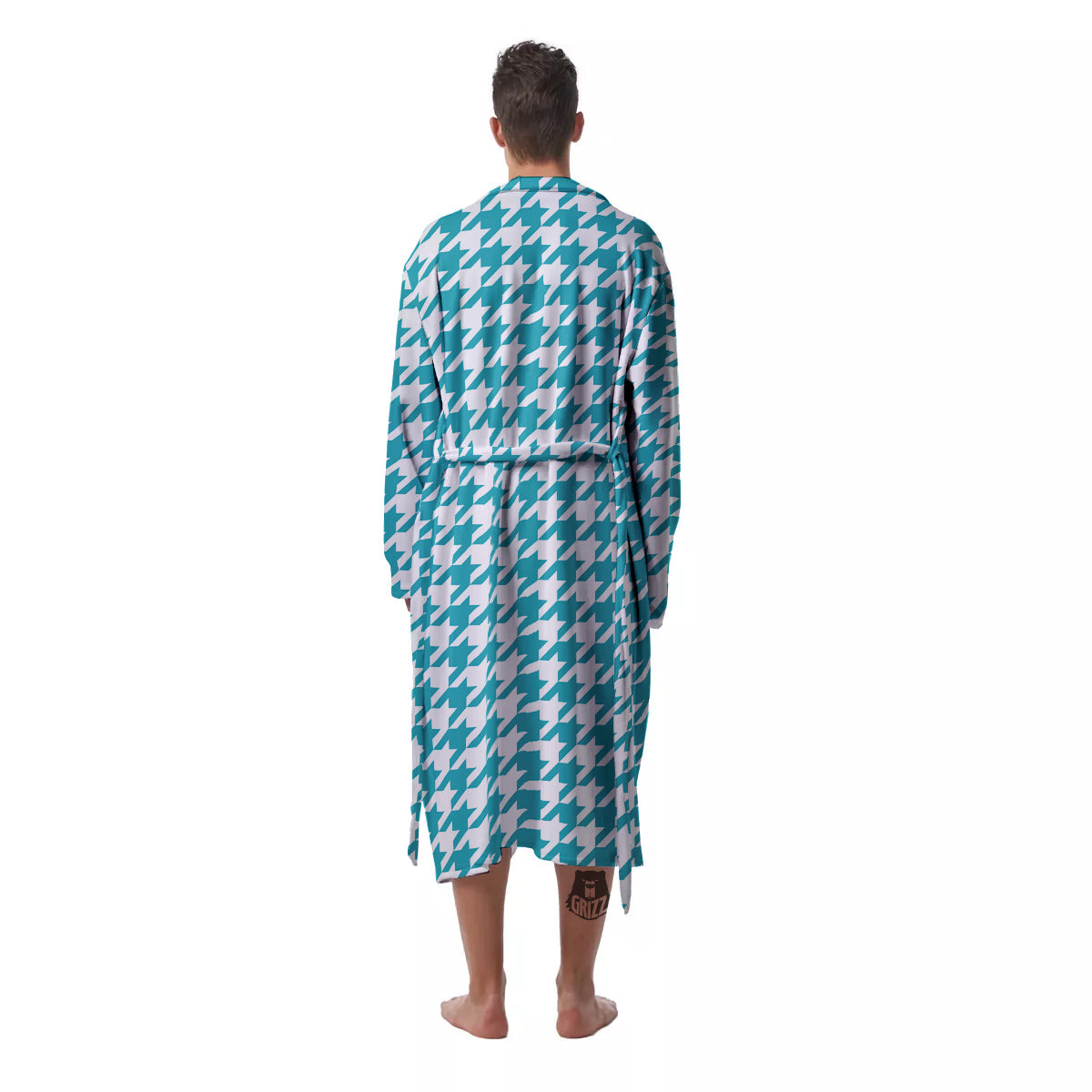 Aqua Houndstooth Print Men's Robe-grizzshop