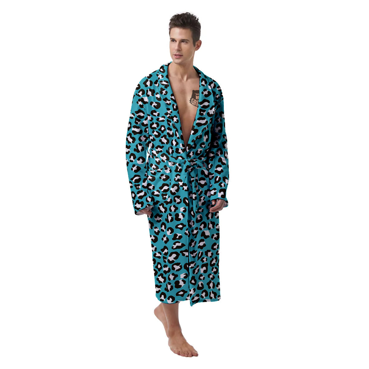 Aqua Leopard Print Pattern Men's Robe-grizzshop