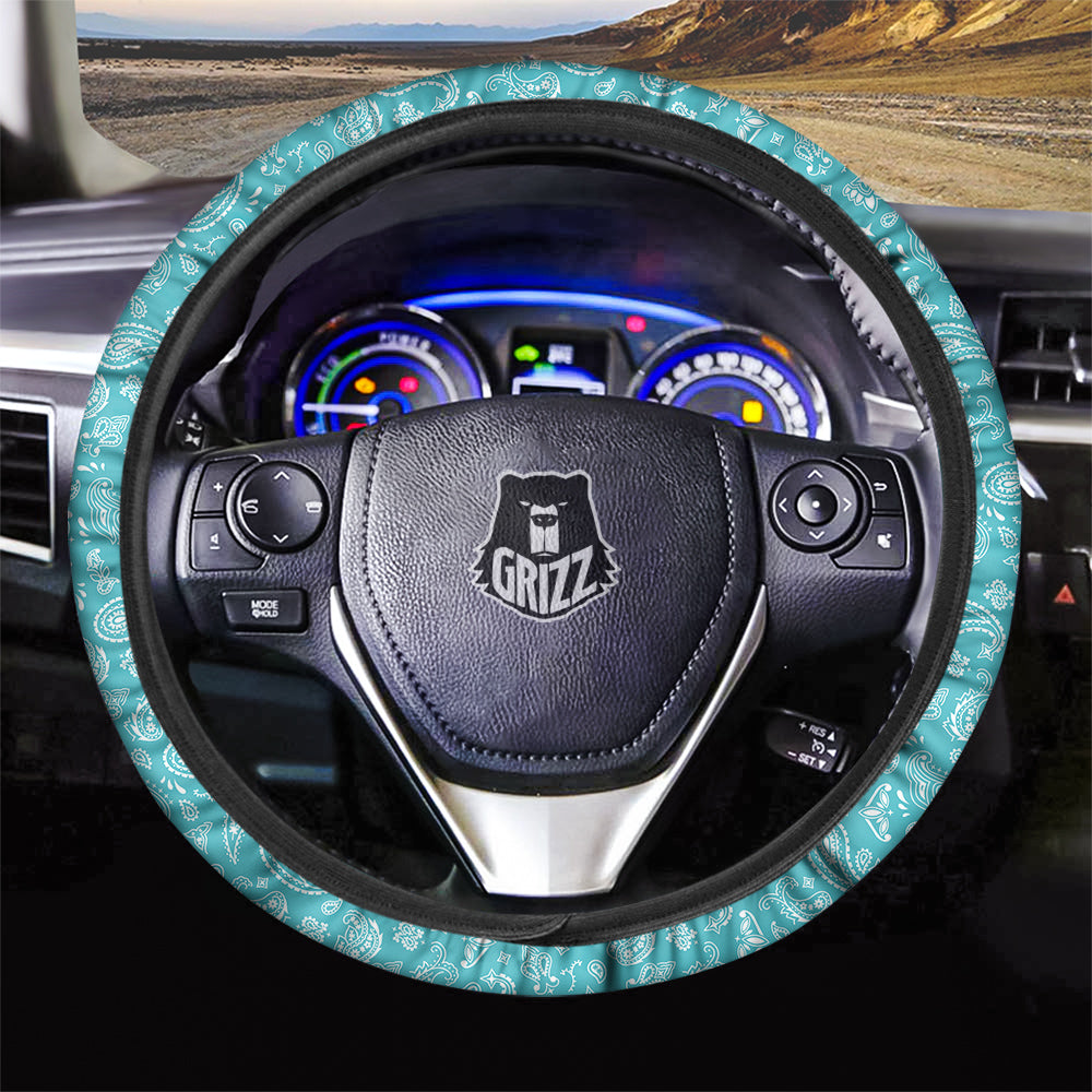 Aqua Paisley Bandana Print Car Steering Wheel Cover-grizzshop
