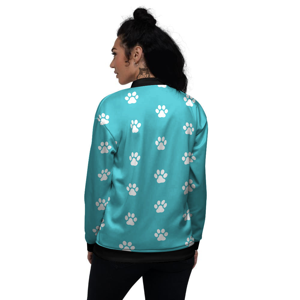 Aqua Paw Print Women's Bomber Jacket-grizzshop