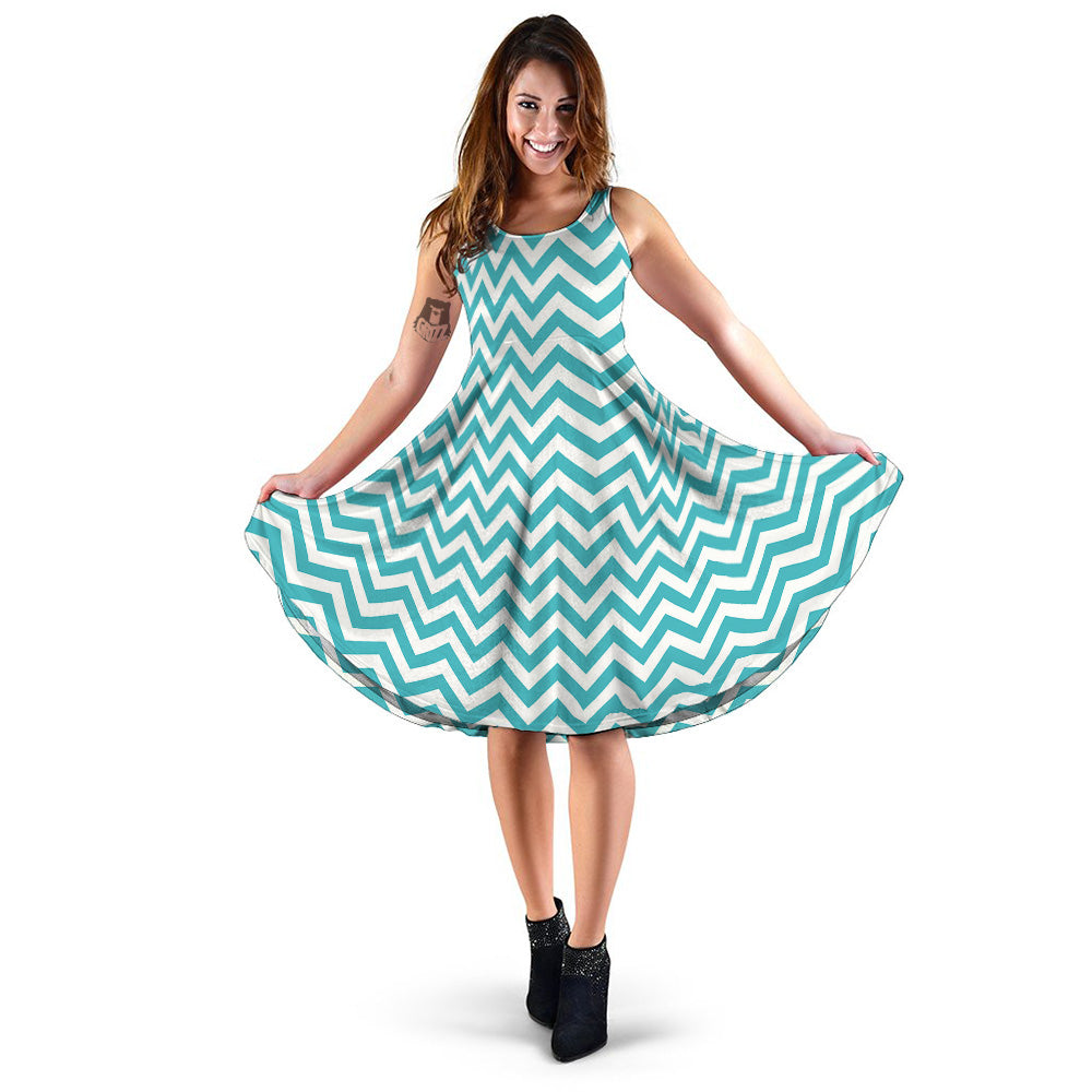 Aqua Zigzag Print Pattern Dress-grizzshop