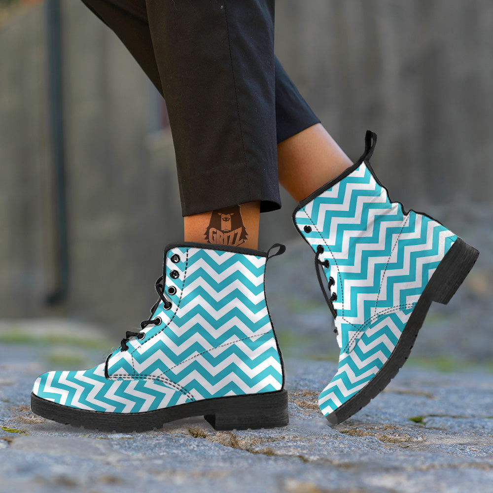 Aqua Zigzag Print Pattern Leather Boots-grizzshop