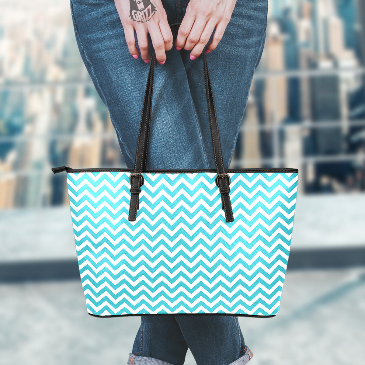 Aqua Zigzag Print Pattern Leather Tote Bag-grizzshop