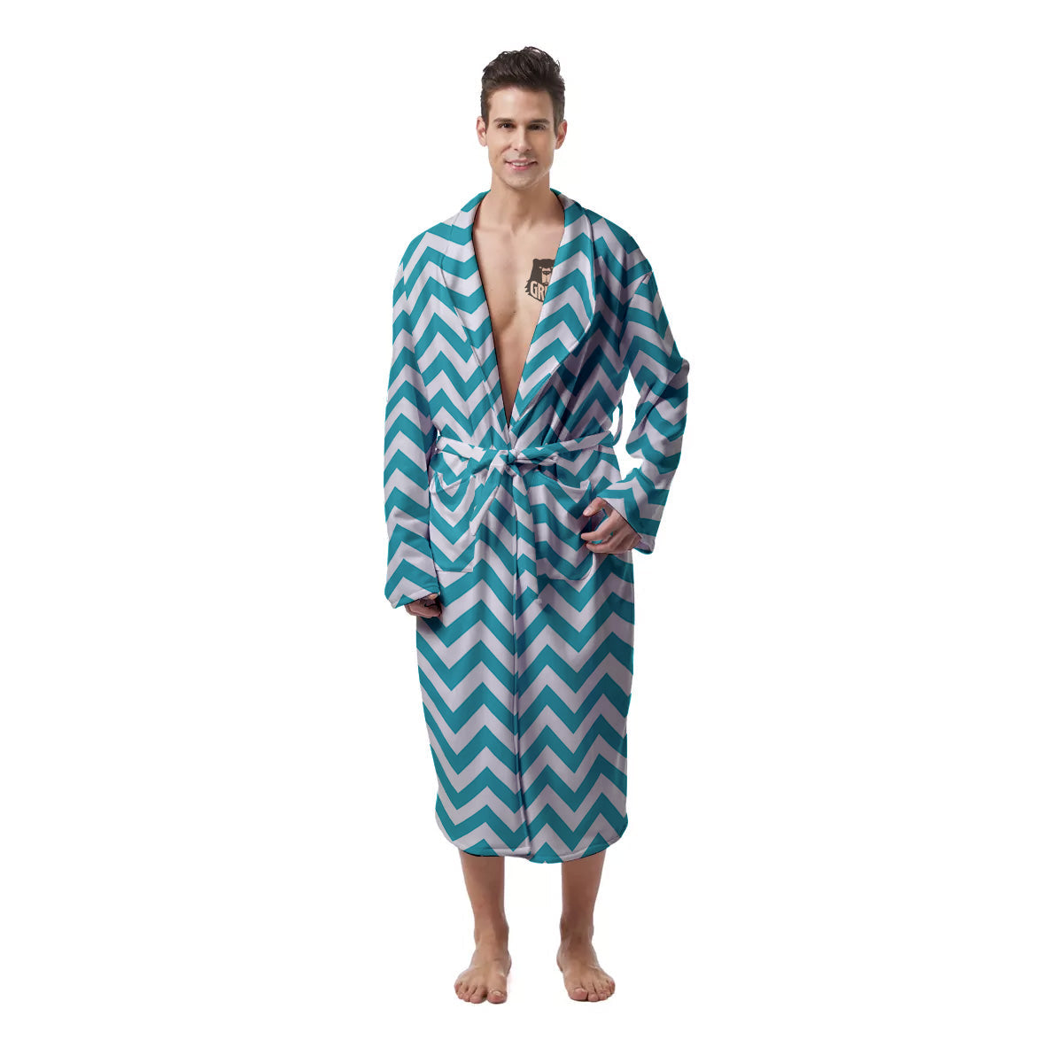 Aqua Zigzag Print Pattern Men's Robe-grizzshop