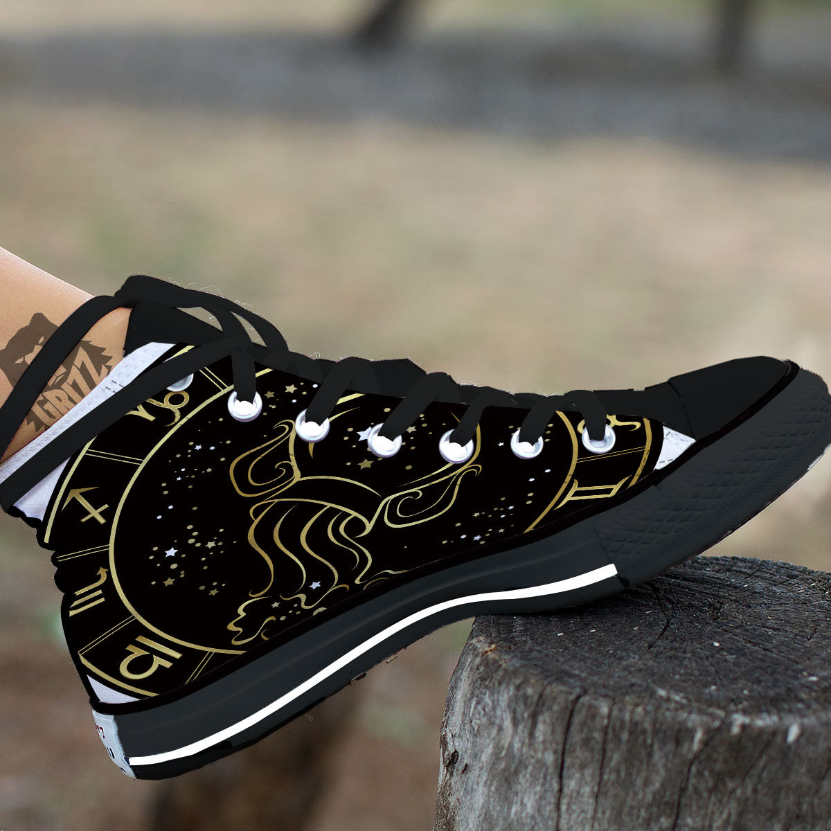 Aquarius Sign Black And Gold Print Black High Top Shoes-grizzshop