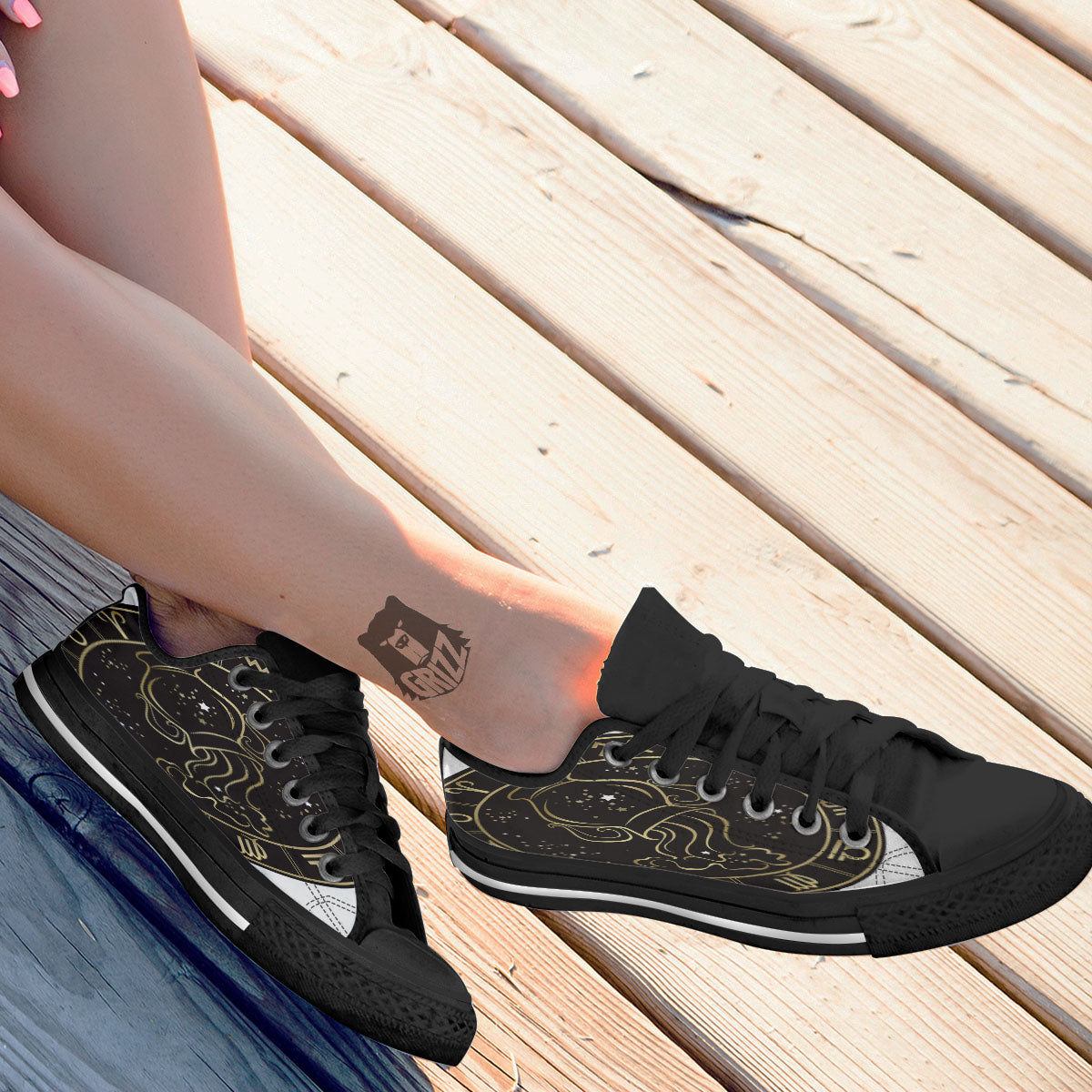 Aquarius Sign Black And Gold Print Black Low Top Shoes-grizzshop