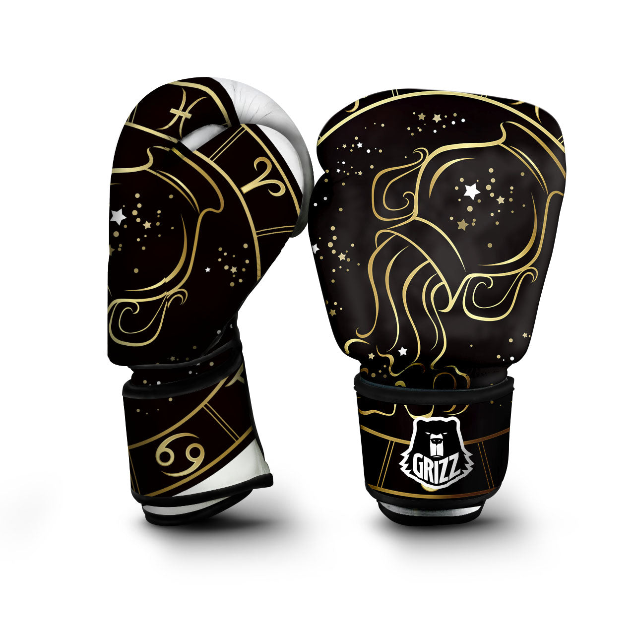 Aquarius Sign Black And Gold Print Boxing Gloves-grizzshop
