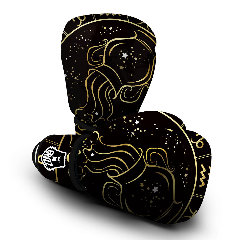Aquarius Sign Black And Gold Print Boxing Gloves-grizzshop