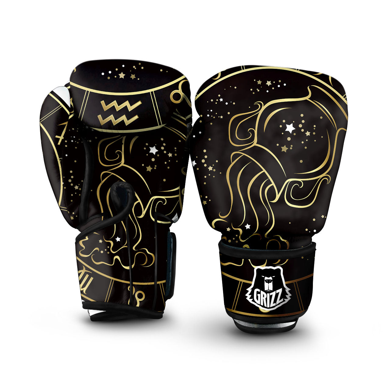 Aquarius Sign Black And Gold Print Boxing Gloves-grizzshop