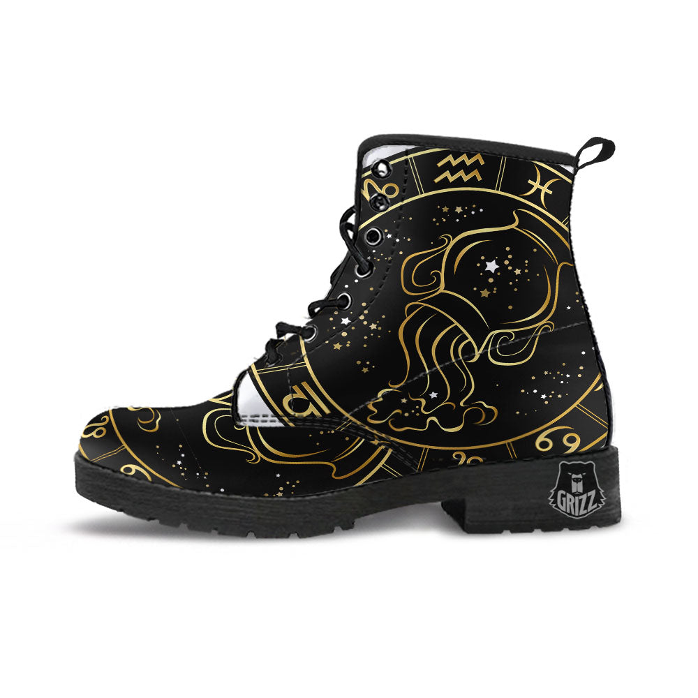 Aquarius Sign Black And Gold Print Leather Boots-grizzshop