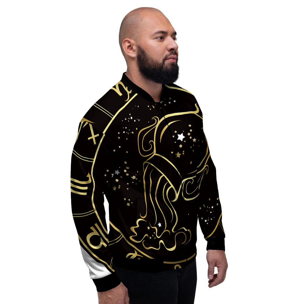 Aquarius Sign Black And Gold Print Men's Bomber Jacket-grizzshop