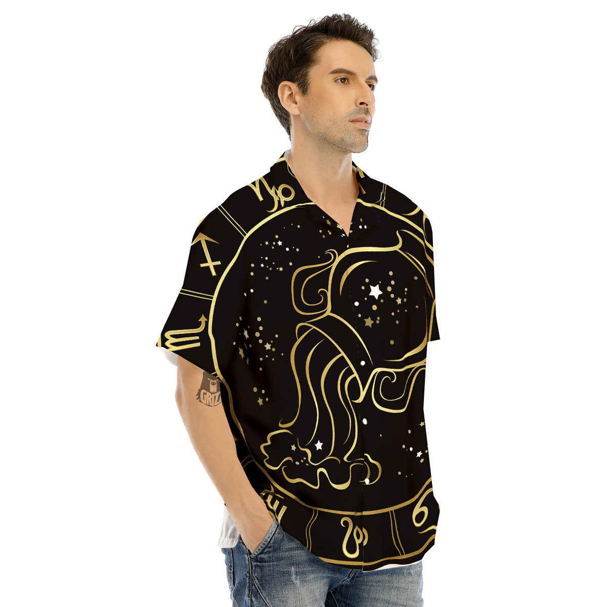 Aquarius Sign Black And Gold Print Men's Hawaiian Shirt-grizzshop