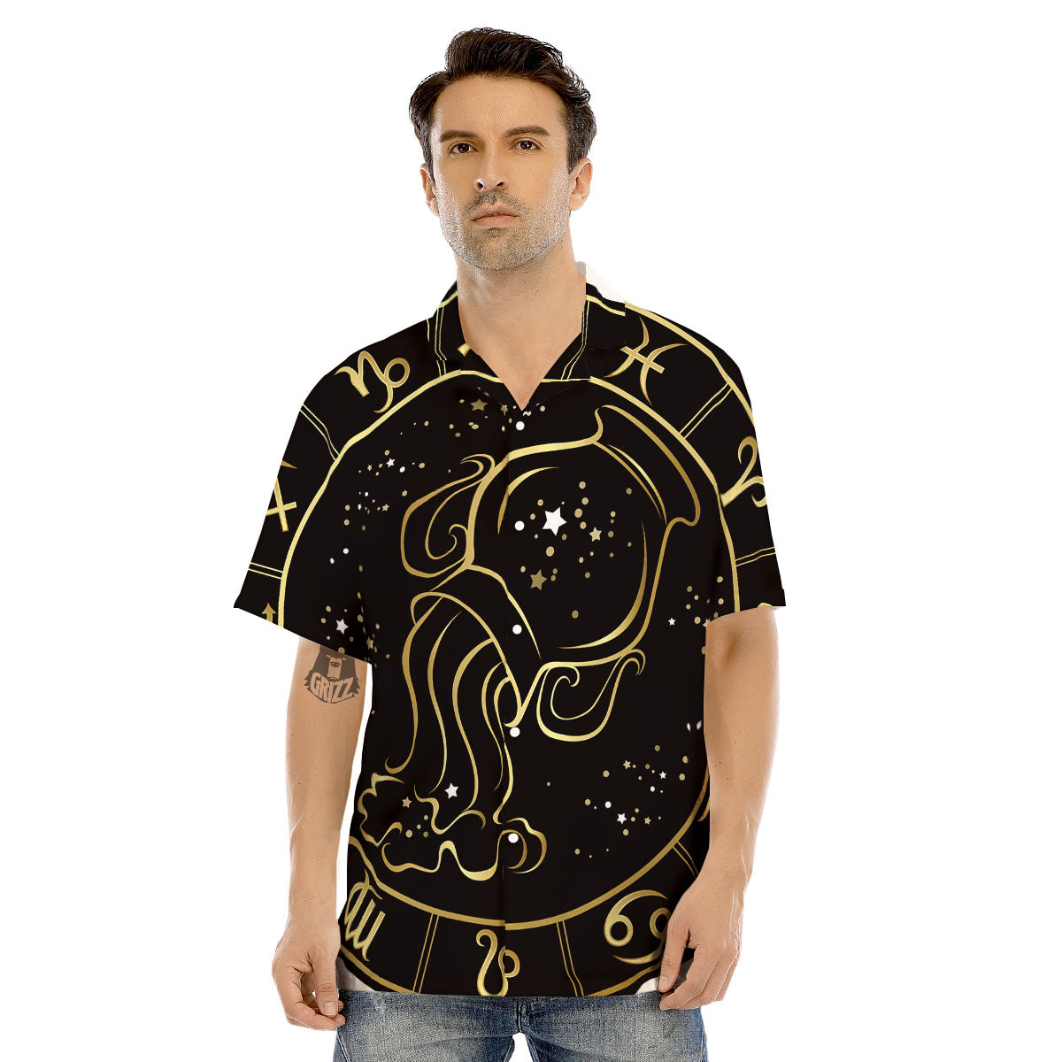 Aquarius Sign Black And Gold Print Men's Hawaiian Shirt-grizzshop