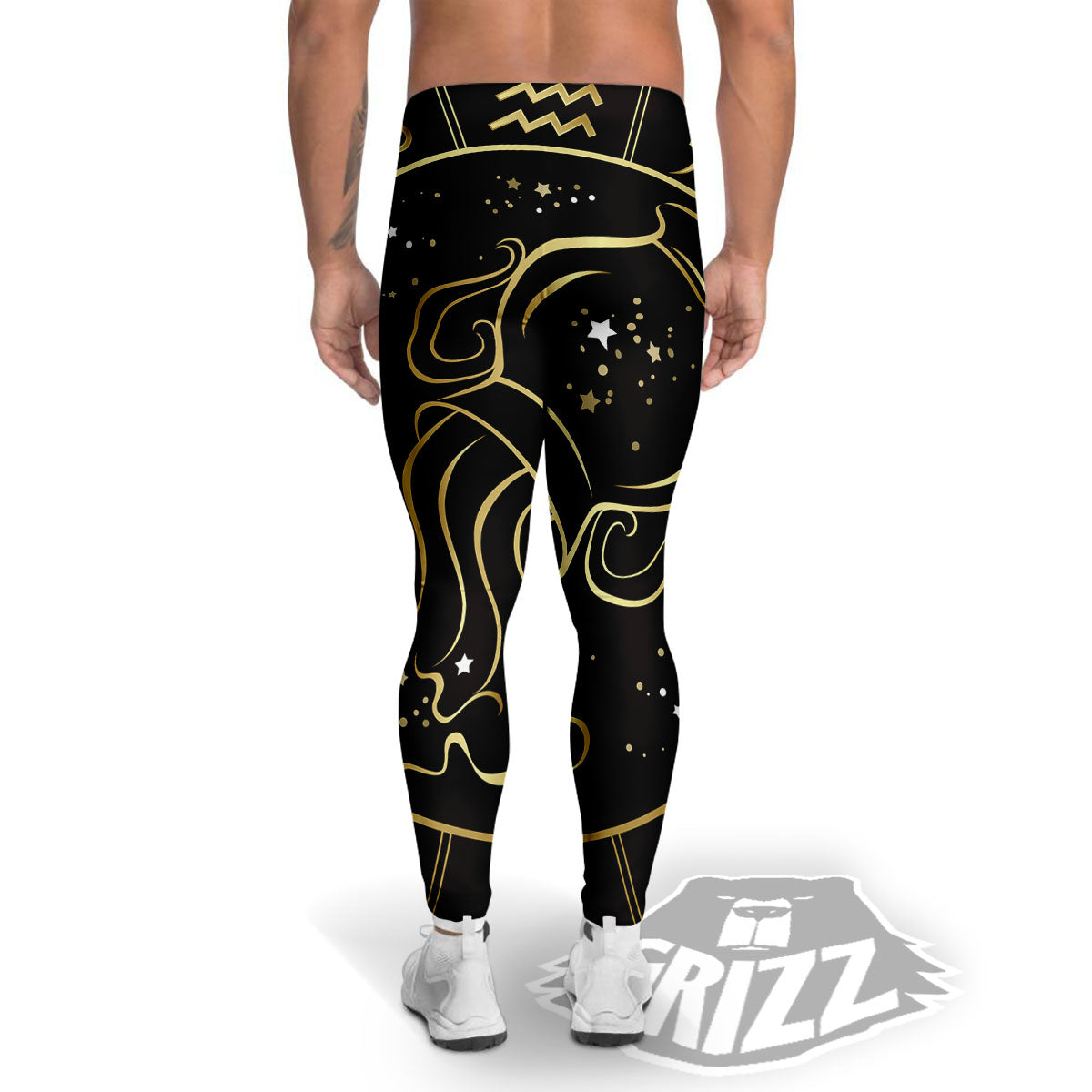 Aquarius Sign Black And Gold Print Men's Leggings-grizzshop