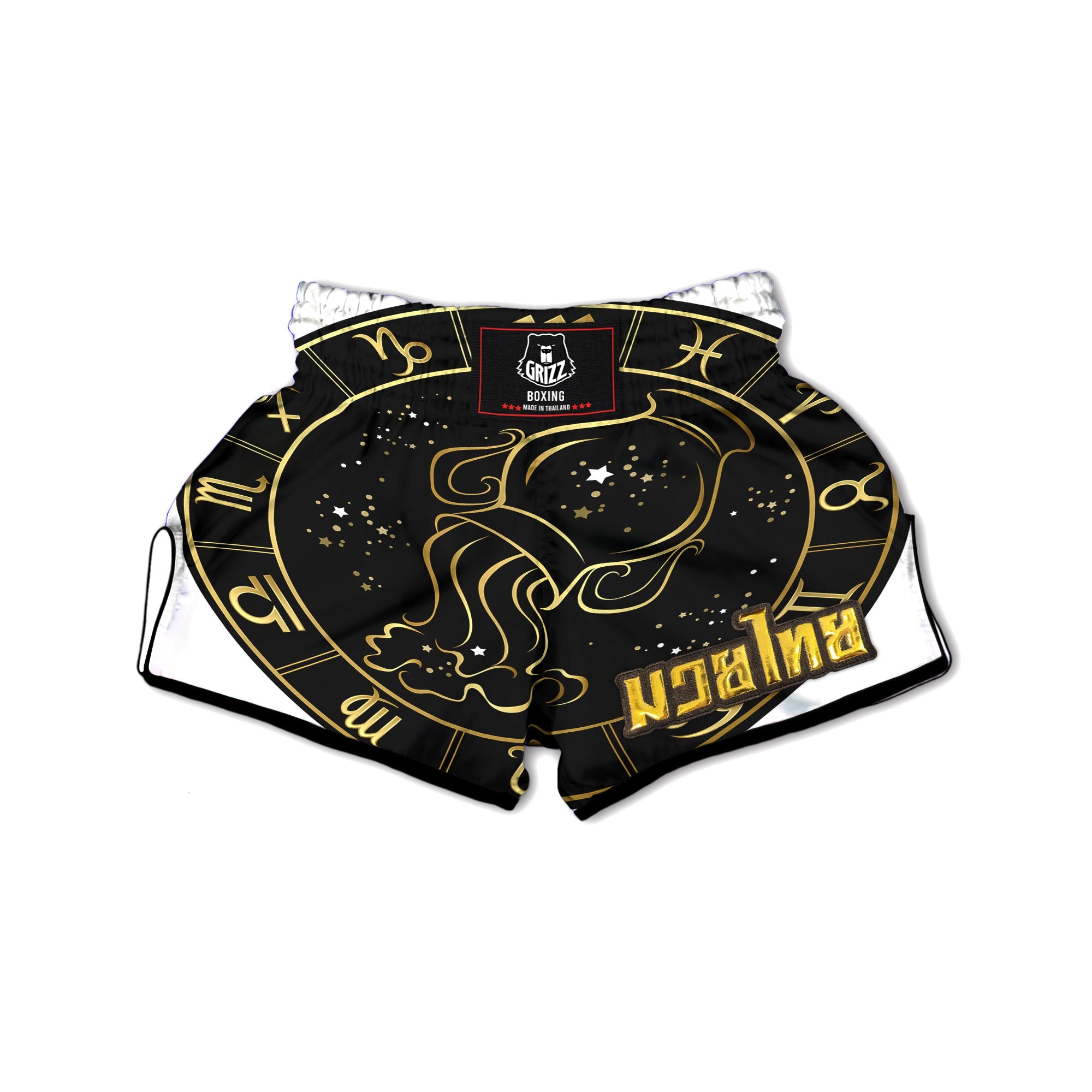 Aquarius Sign Black And Gold Print Muay Thai Boxing Shorts-grizzshop