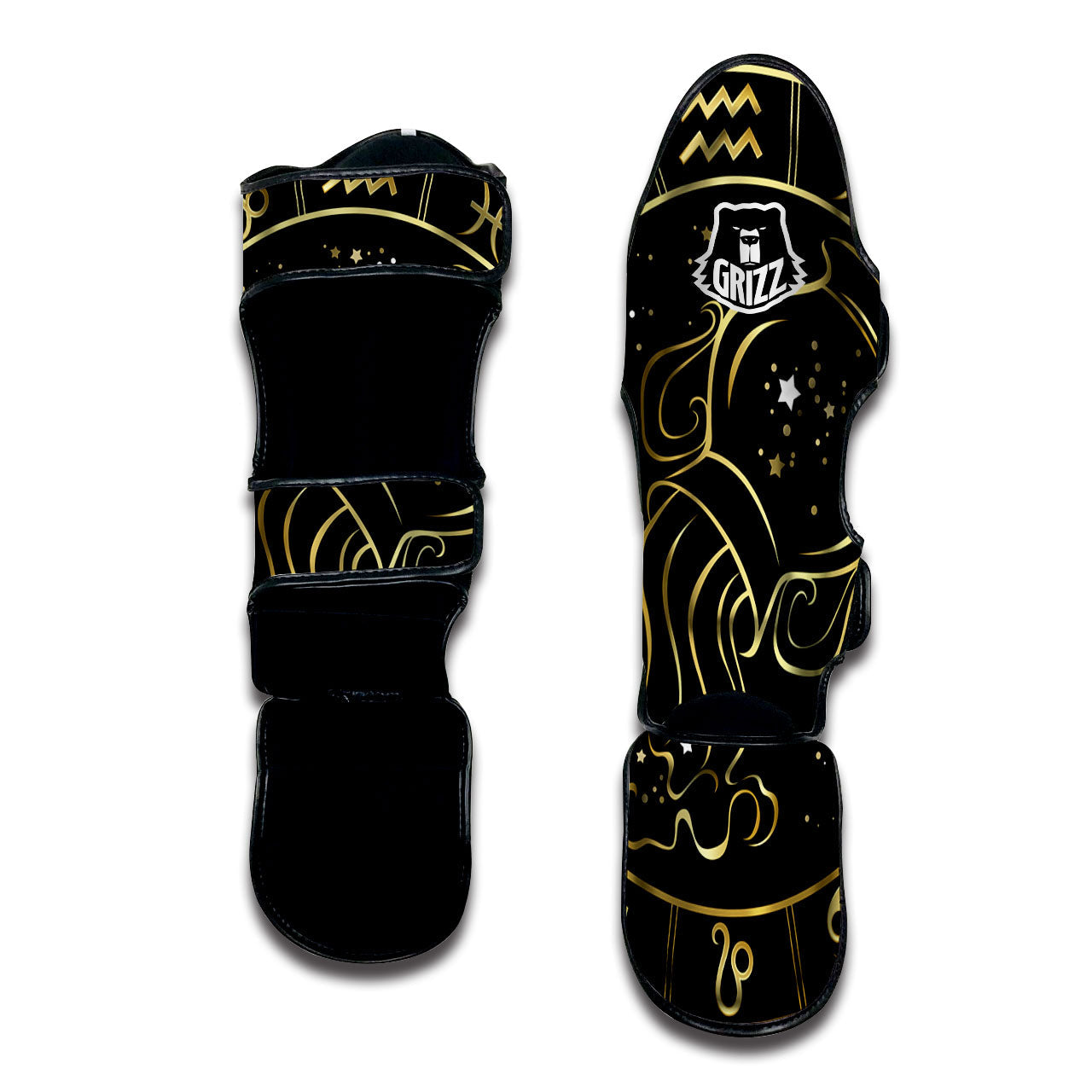 Aquarius Sign Black And Gold Print Muay Thai Shin Guards-grizzshop