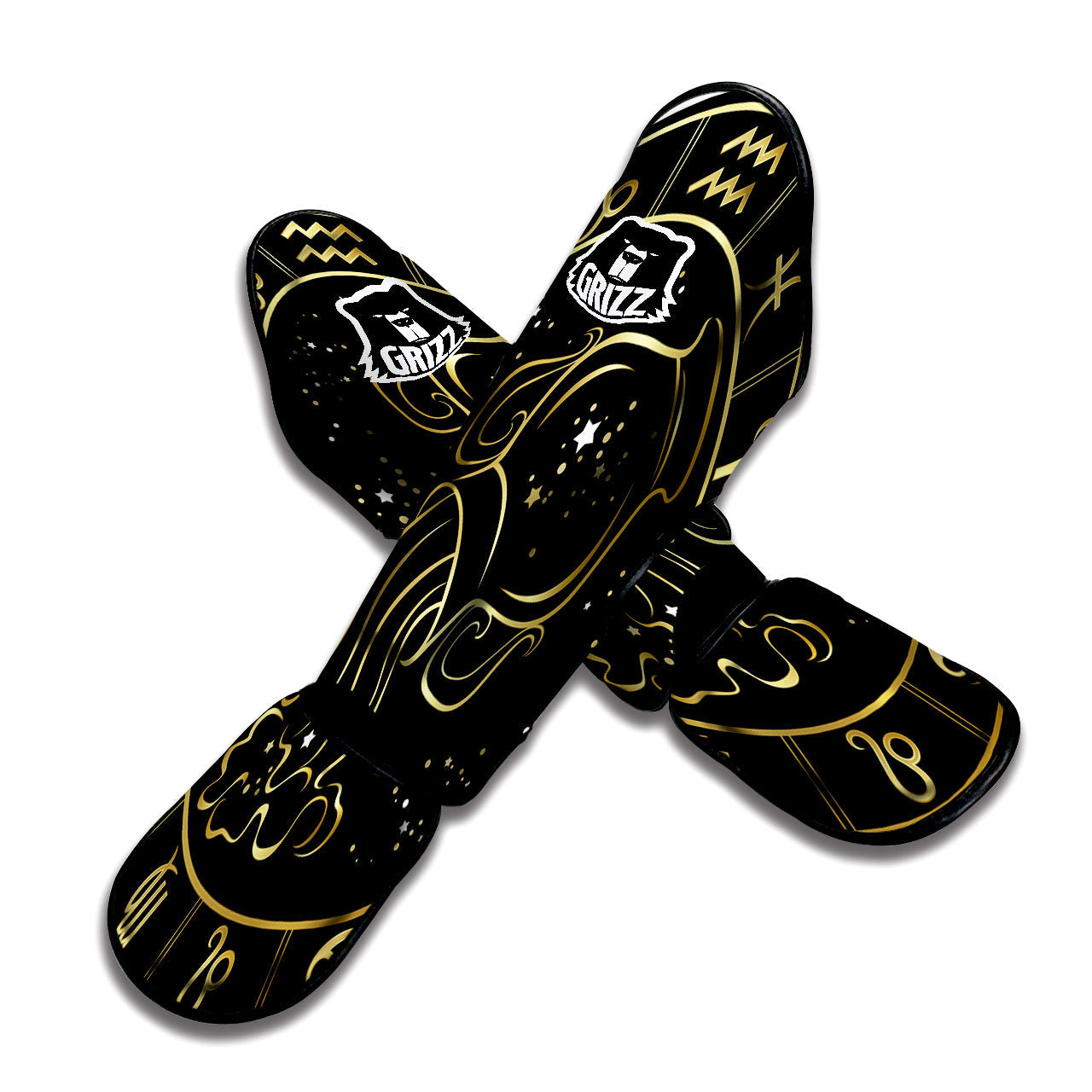 Aquarius Sign Black And Gold Print Muay Thai Shin Guards-grizzshop