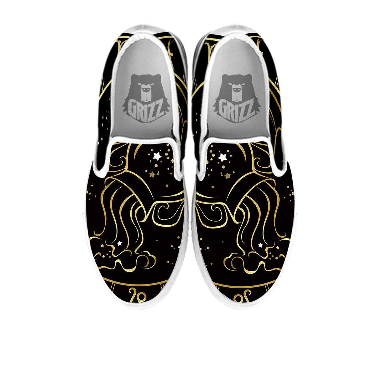 Aquarius Sign Black And Gold Print White Slip On Shoes-grizzshop