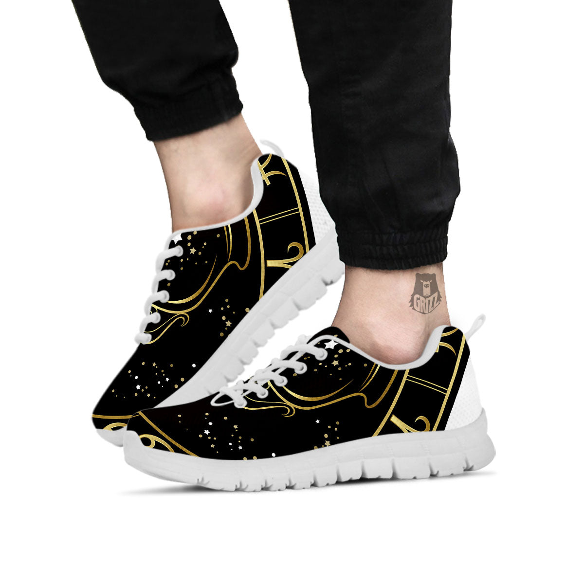 Aquarius Sign Black And Gold Print White Sneaker-grizzshop