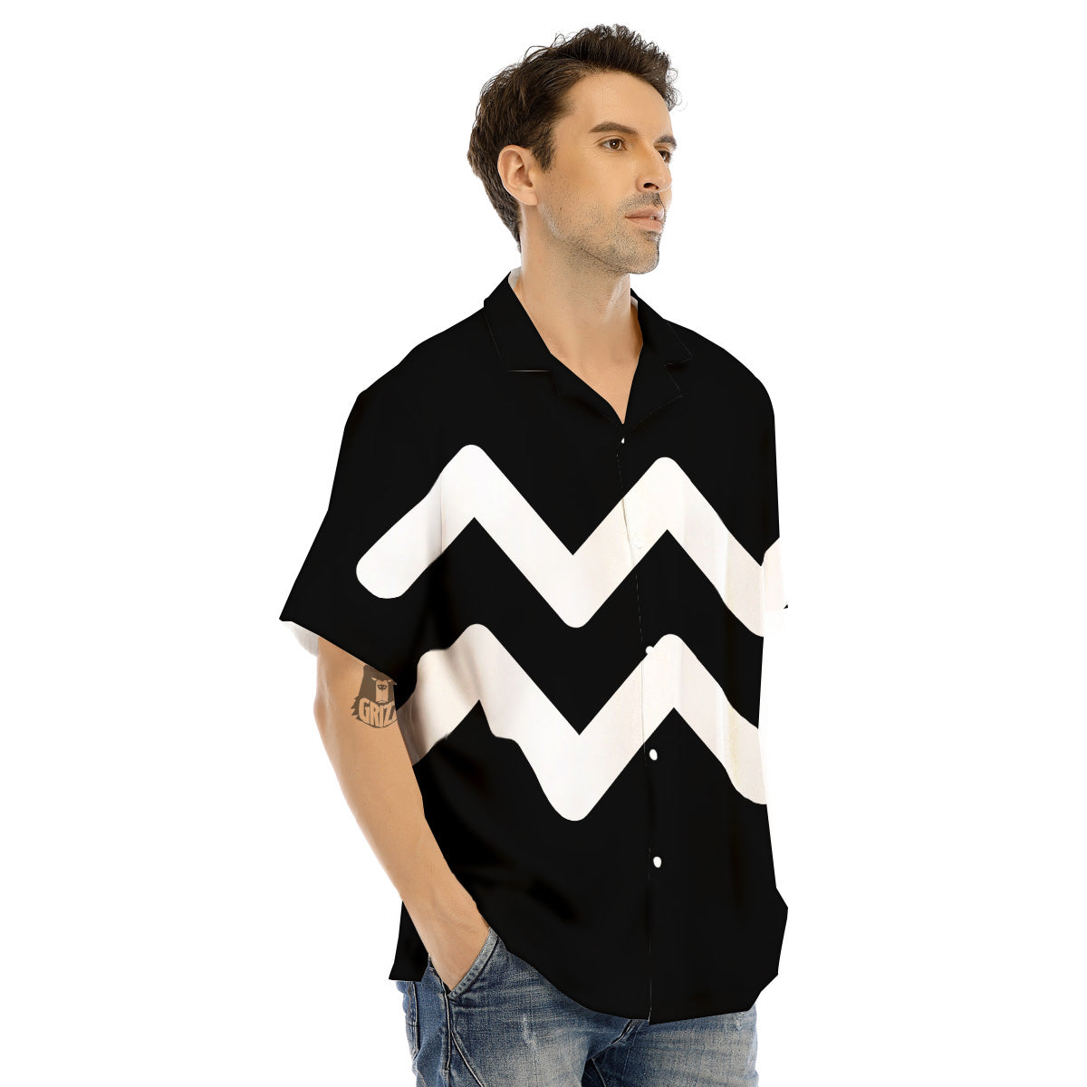 Aquarius Sign White And Black Print Men's Hawaiian Shirt-grizzshop