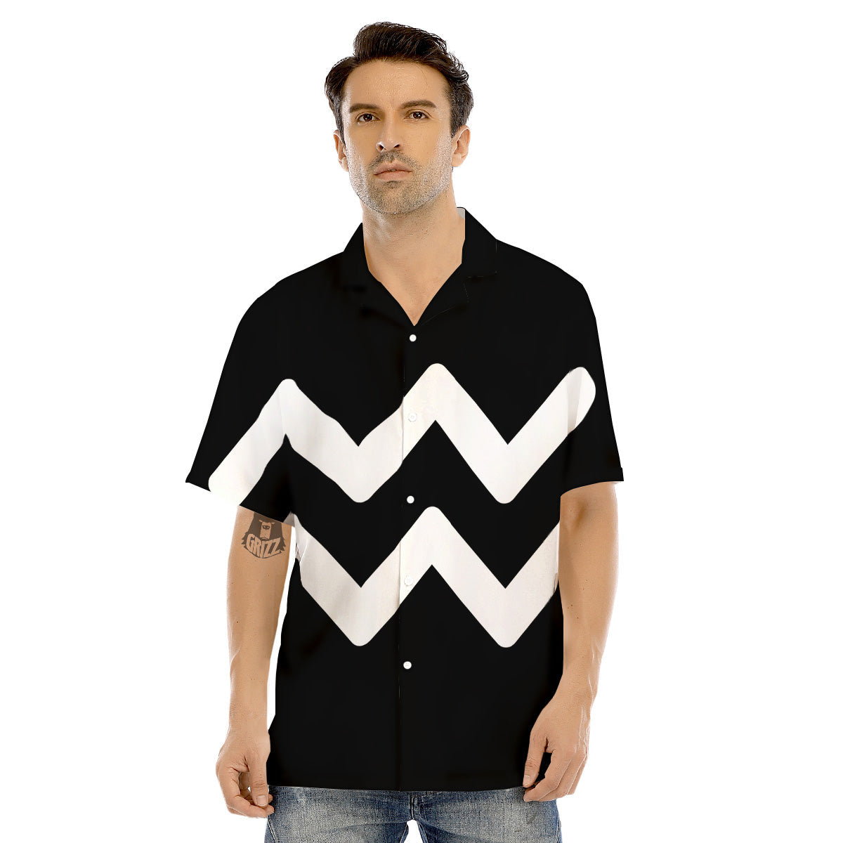 Aquarius Sign White And Black Print Men's Hawaiian Shirt-grizzshop