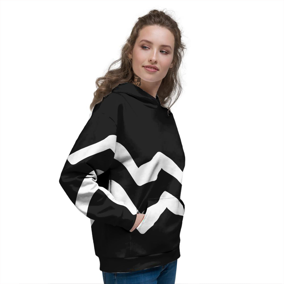 Aquarius Sign White And Black Print Women's Hoodie-grizzshop