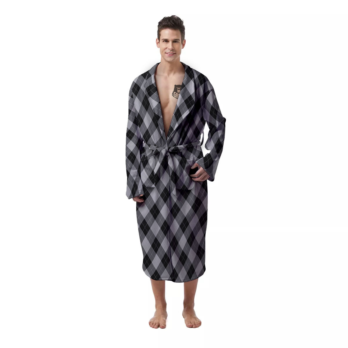 Argyle Black And Grey Print Pattern Men's Robe-grizzshop