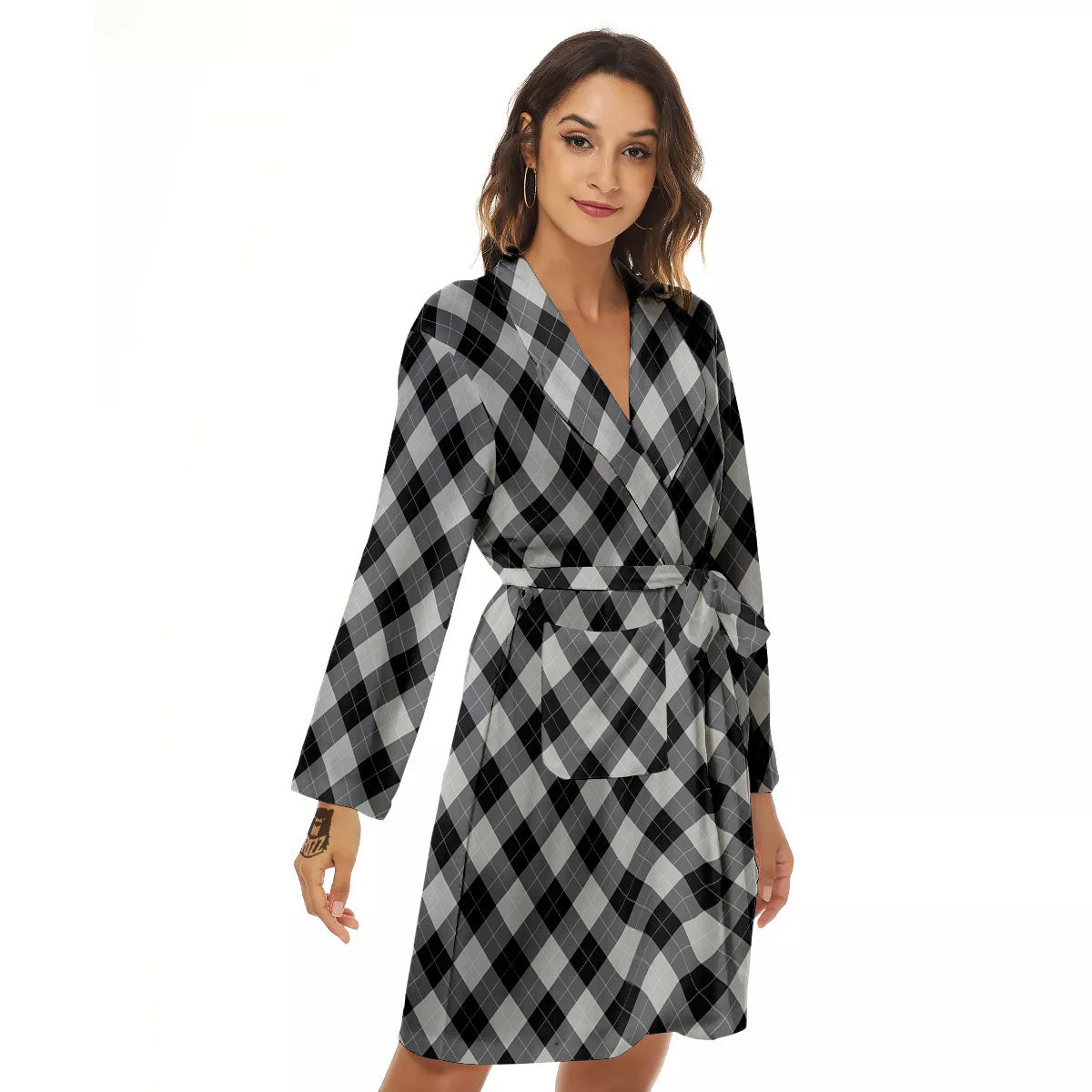Argyle Black And Grey Print Pattern Women's Robe-grizzshop