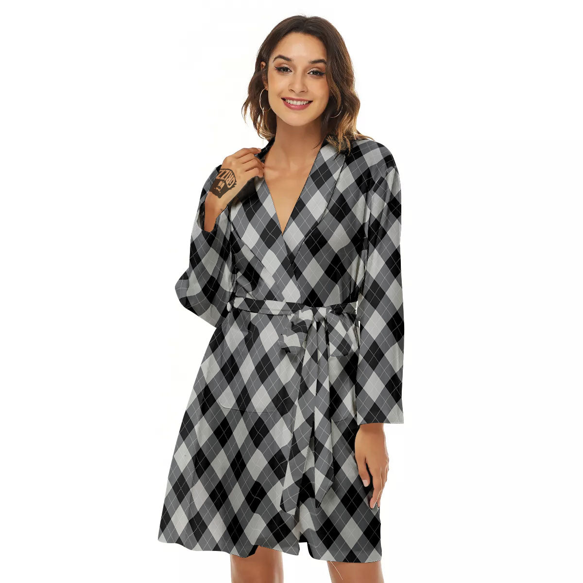 Argyle Black And Grey Print Pattern Women's Robe-grizzshop