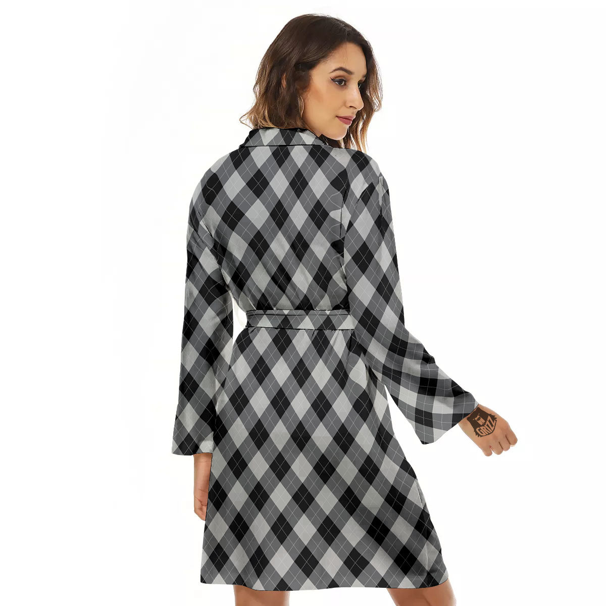 Argyle Black And Grey Print Pattern Women's Robe-grizzshop