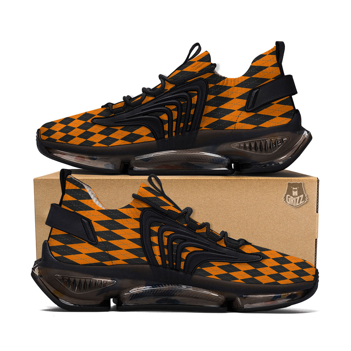 Argyle Black And Orange Print Black Gym Shoes-grizzshop