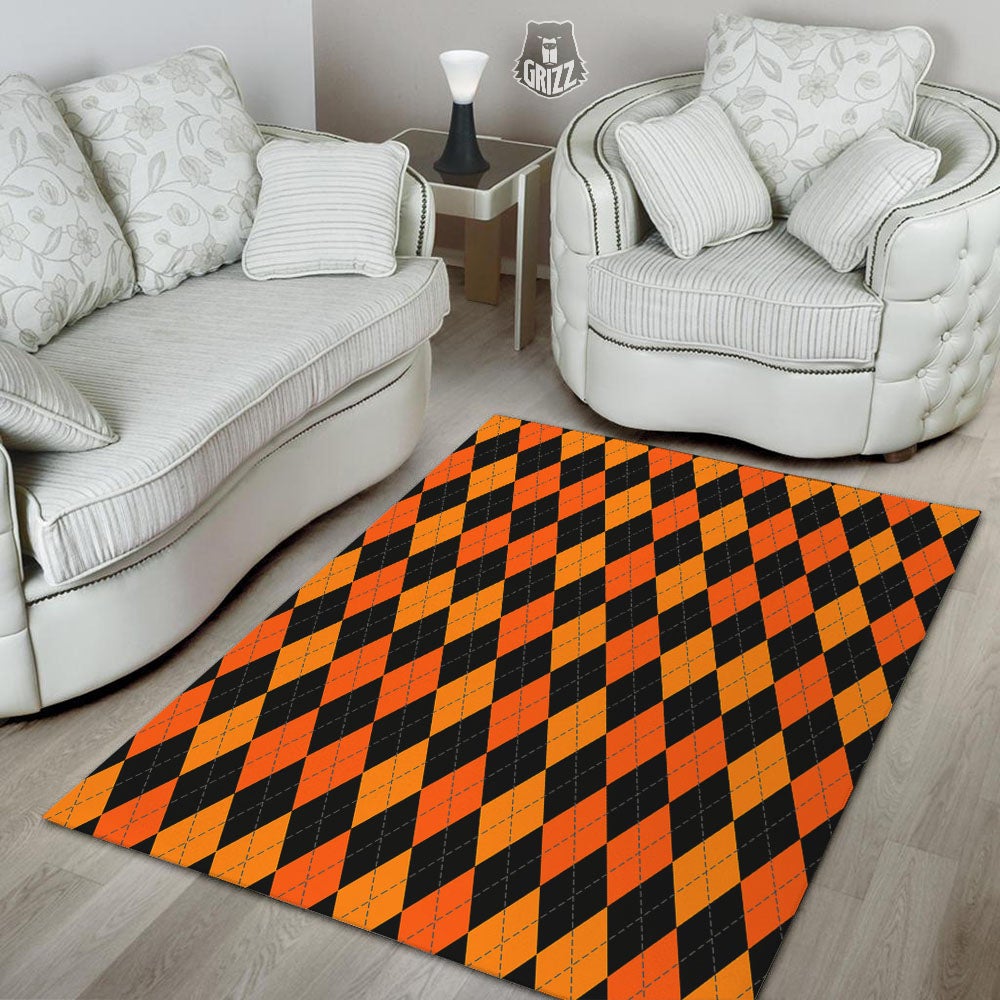 Argyle Black And Orange Print Pattern Floor Mat-grizzshop