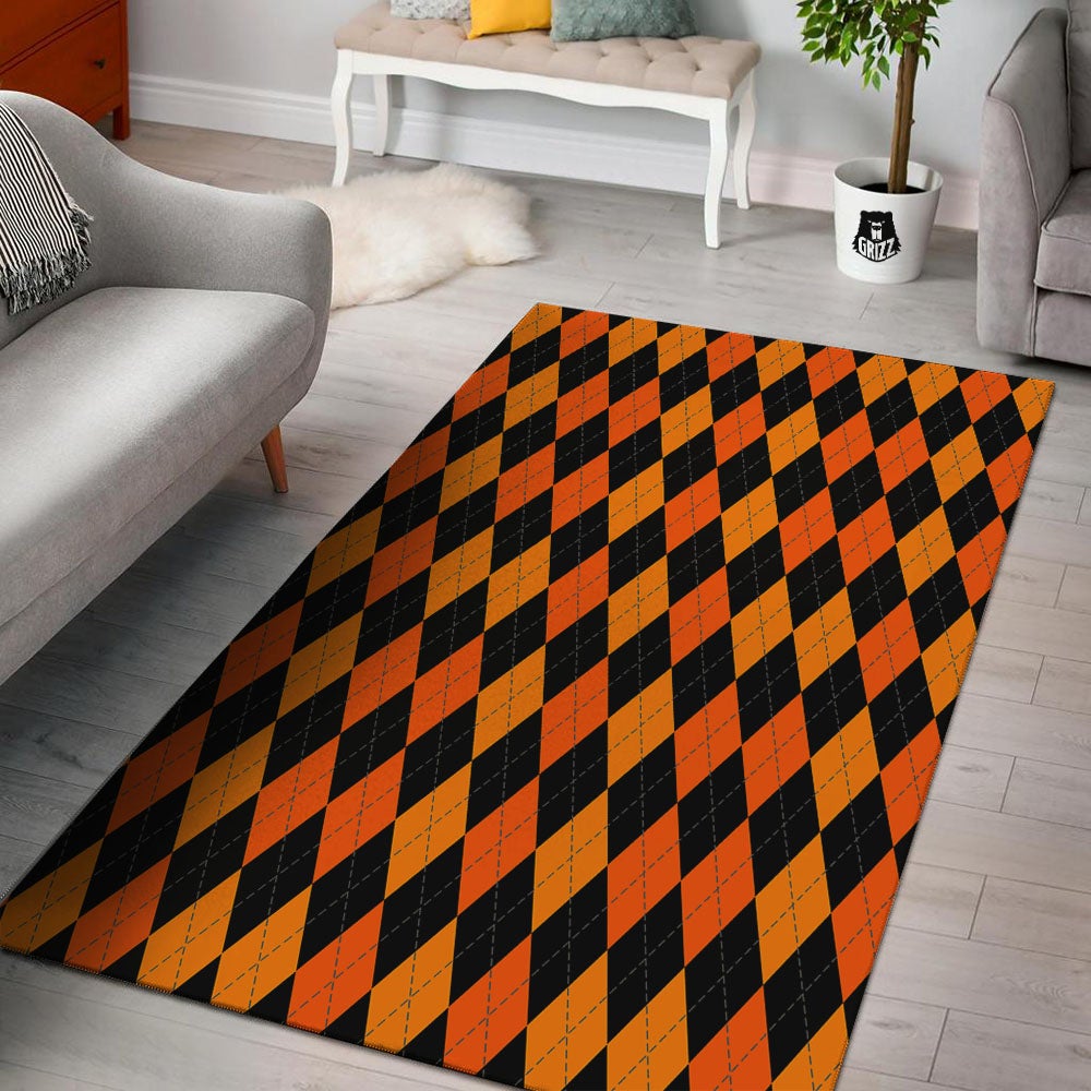 Argyle Black And Orange Print Pattern Floor Mat-grizzshop