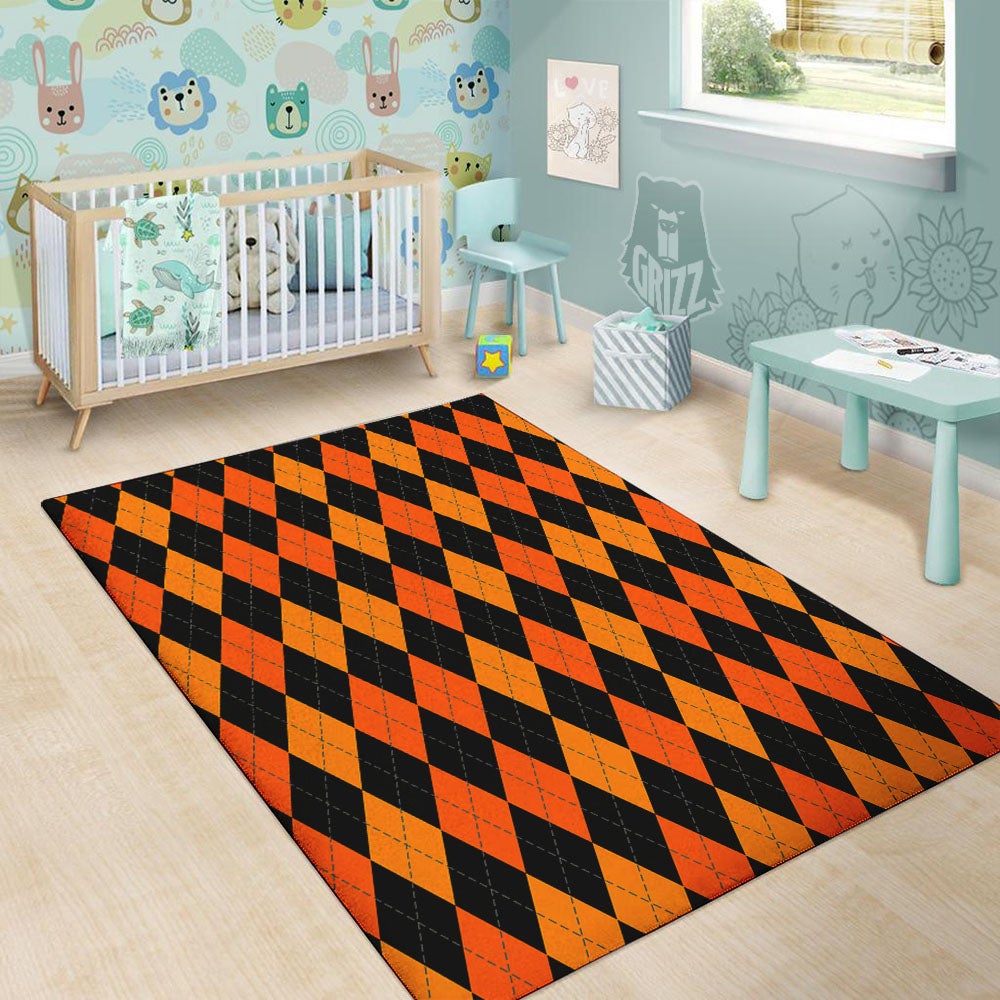 Argyle Black And Orange Print Pattern Floor Mat-grizzshop